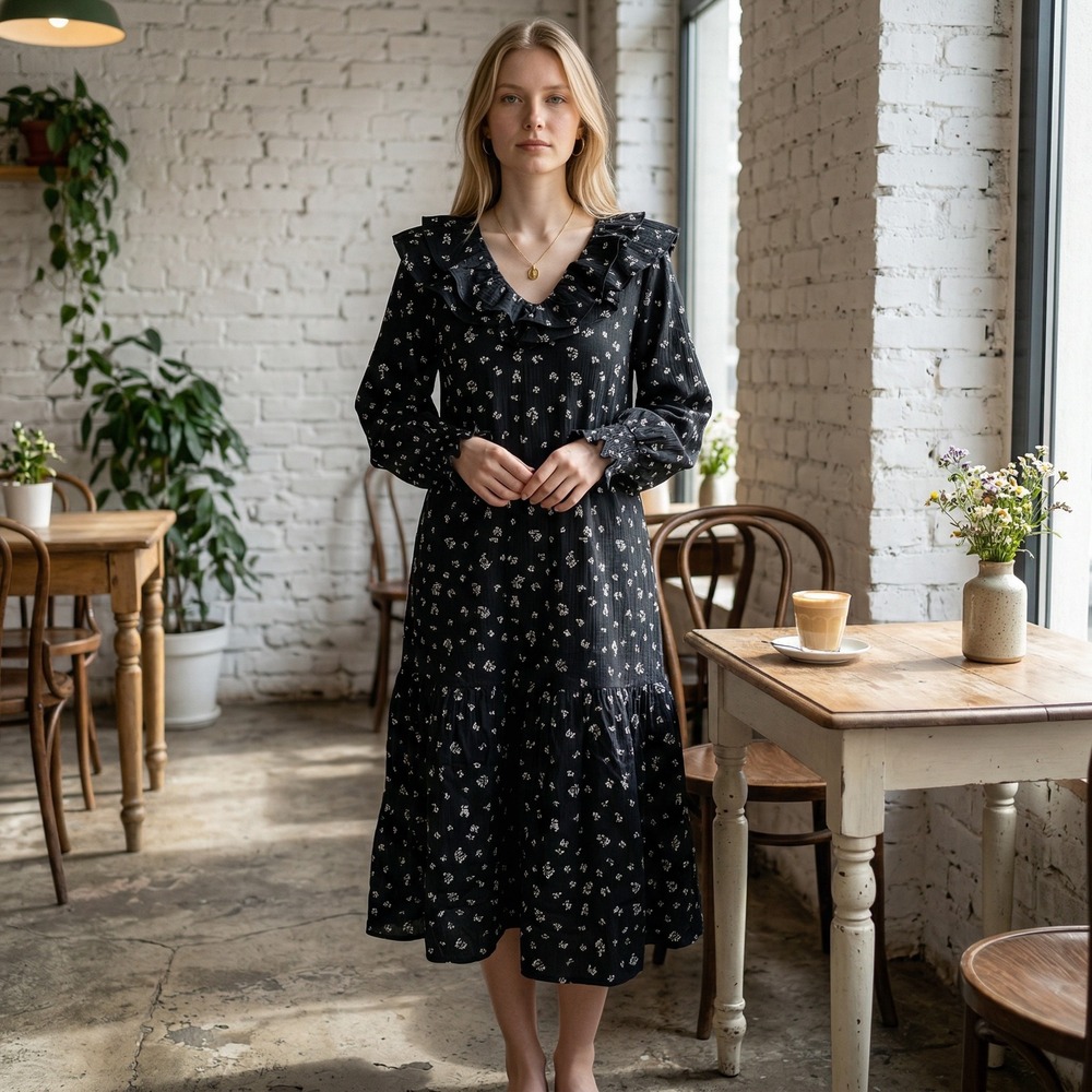 Who What Wear Women's‎ Tossed Buds Midi Dress Black Print Floral Size S